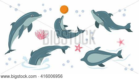 Cute Dolphin Set. Happy Cute Dolphin Character Performing Tricks In Water, Jumping, Holding Ball, Ca