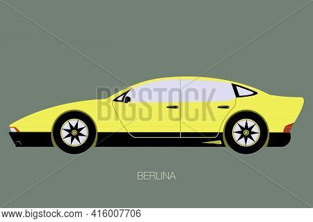 Retro Future Berlina, Side View Of Car, Automobile, Motor Vehicle, Flat Design, Fully Editable