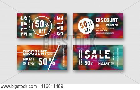 Stock Vector Set Of Discount Voucher Template. Printed On Color Hand Painted Psychedelic Tie Dye Blu