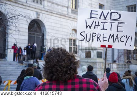 People Holding Signs Supporting Asians In Order To Protest Against The White Supremacy In Portland M