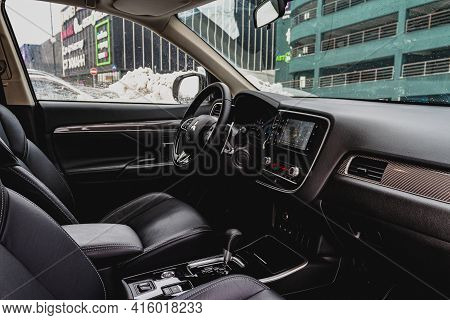 Moscow, Russia - January 30, 2021 Mitsubishi Outlander Dark Interior Close Up View. Third Generation
