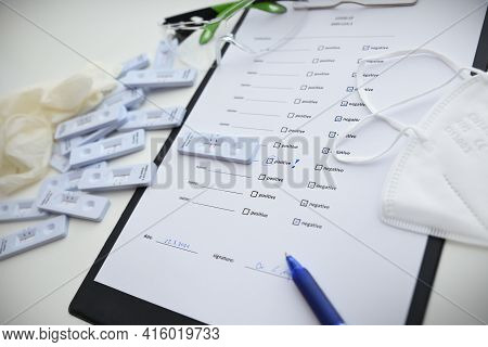 Filling Coronavirus Test Form. Covid-19 Test. Positive Rapid Antigen Test Outcome Medical Test Form 