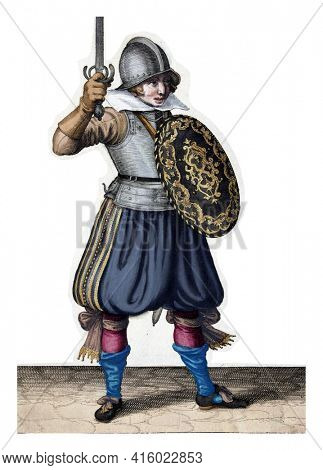 The exercise with shield and spear: the soldier presents his rapier by hand no higher than his face, vintage engraving.