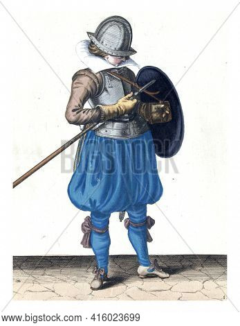 The exercise with shield and spear: the soldier keeps spear and shield close to the body, vintage engraving.