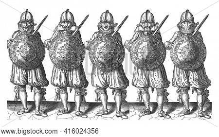 The exercise with shield and spear: five soldiers standing side by side in line with the rapier in the right hand and the shield over the chest, vintage engraving.