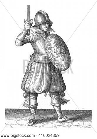 The exercise with shield and spear: the soldier presents his rapier by hand no higher than his face, vintage engraving.