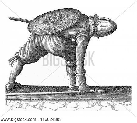 The exercise with shield and spear: the soldier steps back with the left foot and bends over to to pick up a spear again, vintage engraving.