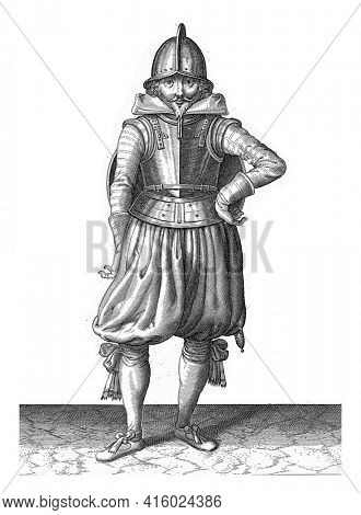 The exercise with shield and spear: the soldier standing at rest with the shield on the rug, vintage engraving.