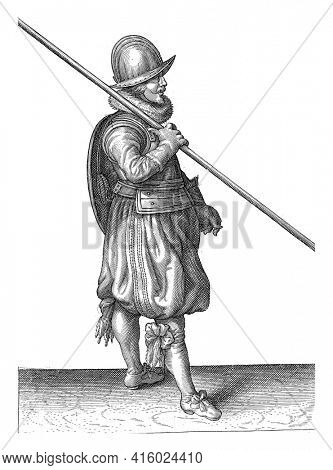 The exercise with shield and spear: the soldier with the spear in the safe and correct posture when marching, vintage engraving.