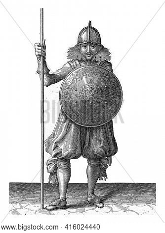 The exercise with shield and spear: the soldier brings in three during the skewer back in the resting position, vintage engraving.
