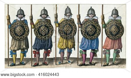 The exercise with shield and spear: five soldiers standing side by side in line with the spear resting in the right hand on the ground and the shield in front of the chest, vintage engraving.