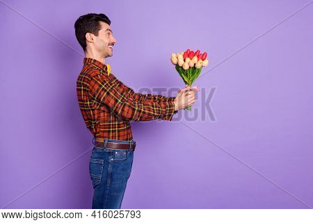 Profile Photo Of Cheerful Young Boyfriend Hold Bunch Flowers Look Empty Space Wear Bow Tie Plaid Shi
