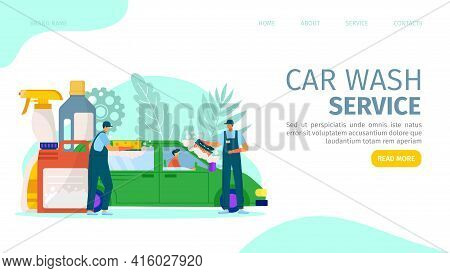 Car Wash Service, Vector Illustration. Auto Vehicle Cleaning, People Man Character Clean Up Automobi