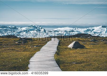 View Towards Icefjord In Ilulissat. Easy Hiking Route To The Famous Kangia Glacier Near Ilulissat In