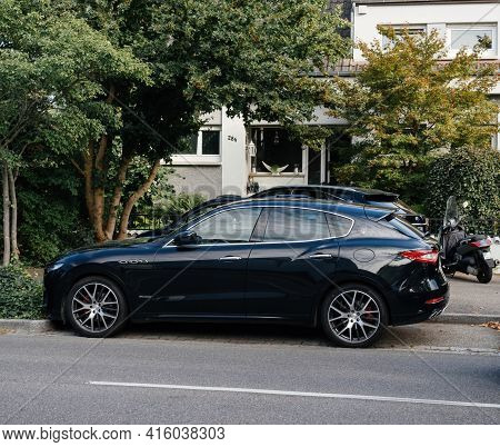 Strasbourg, France - Aug 26, 2018: Side View Of New Black Maserati Levante Suv Mid-size Luxury Cross