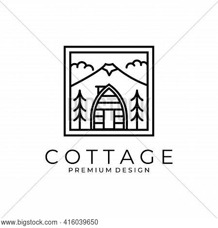 Line Art Cottage House Vector Symbol Illustration With Mountain View Logo Design.