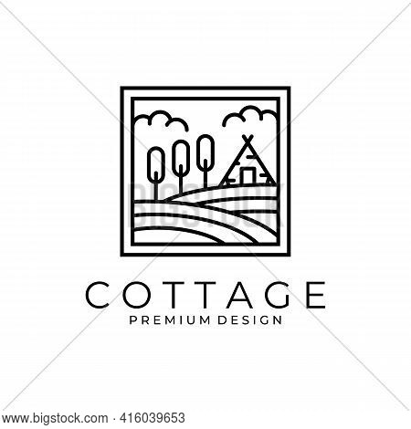 Countryside Cottage Logo Vector Symbol Illustration Design, Line Art Cottage Logo Design.