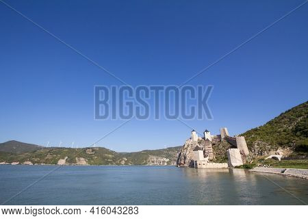 Golubac Fortress (golubacka Trvdjava, Or Goluback Grad) Seen From Dunav River. The Golubac Castle Wa