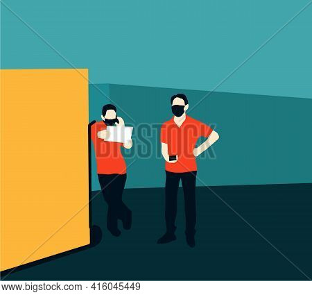 Deliveryman In Medical Mask Standing With His Cardboard Box On The Street Calling The Client To Deli