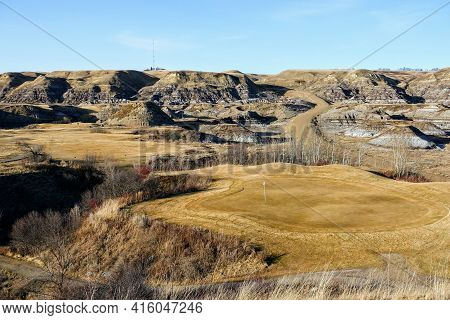 Beautiful Vistas Of A Golf Course In The Badlands Surrounded By Canyons, Hoodoos, Coulees And Mounta