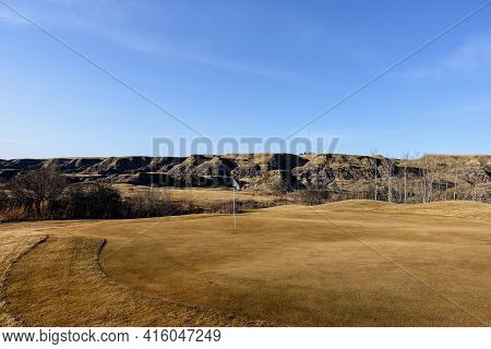 Beautiful Vistas Of A Golf Course In The Badlands Surrounded By Canyons, Hoodoos, Coulees And Mounta