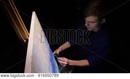 Artist Copyist Paint Seascape With Ship In Ocean. Craftsman Decorator Draw As Boat Sail On Blue Sea 