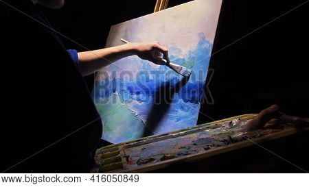 Artist Copyist Paint Seascape With Ship In Ocean. Craftsman Decorator Draw As Boat Sail On Blue Sea 