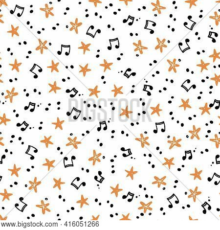 Hand Drawn Seamless Pattern Of Musical Notes. Flat Sketch Style. Isolated Vector Illustration For Fo