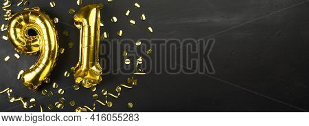 Golden Foil Balloon Number Ninety One. Birthday Or Anniversary Card With The Inscription 91. Black C