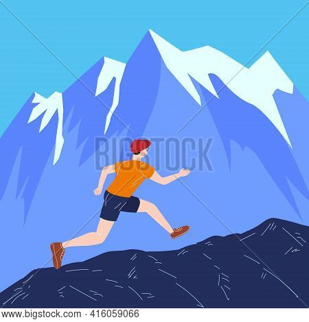 Mountain Trail Running Man In Wild Nature. Runner In Landscape Hills, Running To Win. Vector