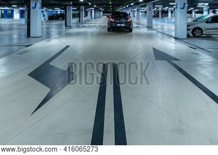Parking Space. Empty Road Asphalt Background. Car Lot Parking Space In Underground City Garage. Hidd
