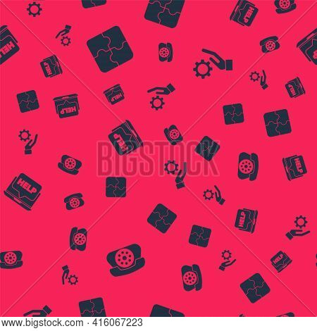 Set Telephone, Piece Of Puzzle, Laptop And Help And Settings In The Hand On Seamless Pattern. Vector