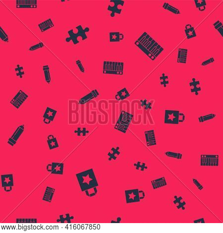 Set Paper Shopping Bag, Piece Of Puzzle, Pencil With Eraser And Music Synthesizer On Seamless Patter