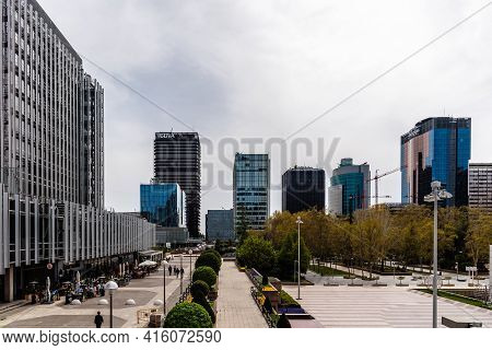 Madrid, Spain - March 28, 2021: Azca Financial District With Office Buildings And Restaurants A Clou