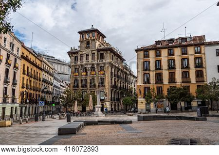 Madrid, Spain - April, 2, 2021: Plaza Of Ramales In Historic Centre Of Madrid During Pandemic Of Cov