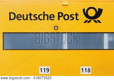 Kamen, Germany - July 22, 2018: German Post Warehouse Called Deutsche Post In German. Deutsche Post 