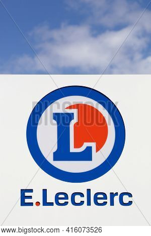 Civrieux, France - August 9, 2019: Leclerc Logo On A Facade. Leclerc Is A French Hypermarket Chain. 