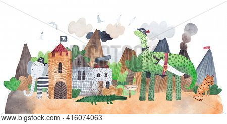 Pirate island. Fortress with cute animals pirates on the background of mountains. Watercolor illustration.