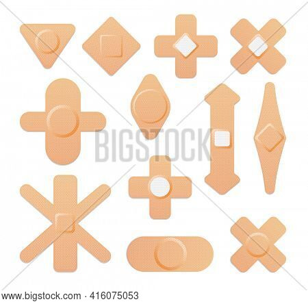 Set of medical plasters. Adhesive bandages or sticking plasters. Medical bands aids protection patch for first aid. Protection and care.  cartoon plasters on white background