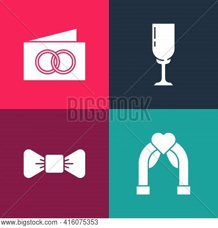 Set Pop Art Wedding Arch, Bow Tie, Glass Of Champagne And Greeting Card Icon. Vector