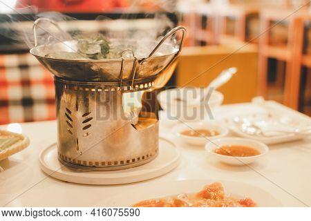 Thai Hot Pot Recipe Thai Called Jim-jum. Thai Traditional Spicy Shabu Shabu, Dipping Meat In Boiled 