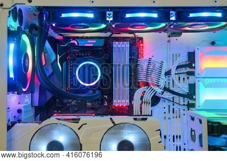 Close-up And Inside Desktop Pc Gaming And Cooling Fan Cpu System With Multicolored Led Rgb Light Sho