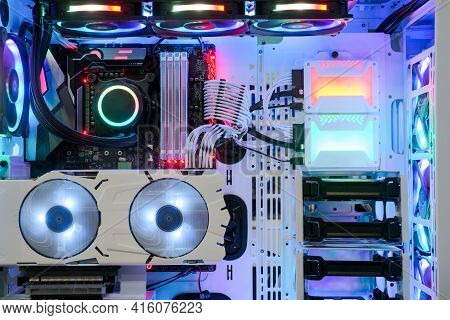 Close-up And Inside Desktop Pc Gaming And Cooling Fan Cpu System With Multicolored Led Rgb Light Sho