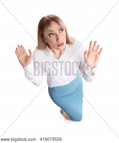 Young Woman Evading Something On White Background, Above View