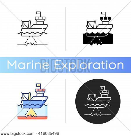 Seafloor Mapping Icon. Pulsing Seafloor With Series Of Soundings. Reflected Echoes Are Received By A