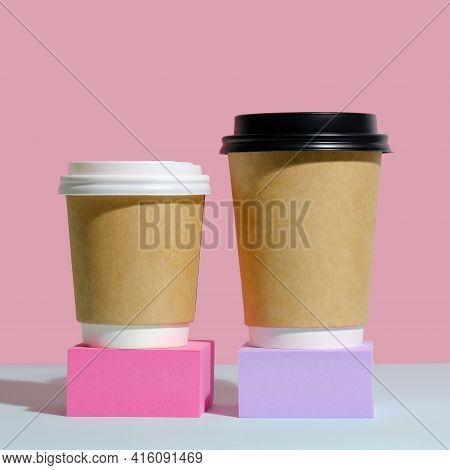 Paper Coffee Containers With Lid On Trendy Minimal Coloured Background. Coffee To Go Container Mocku