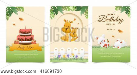 Set Banner Invitation Birthday Cute Greeting Card. Jungle Animals Celebrate Children's Birthday And 