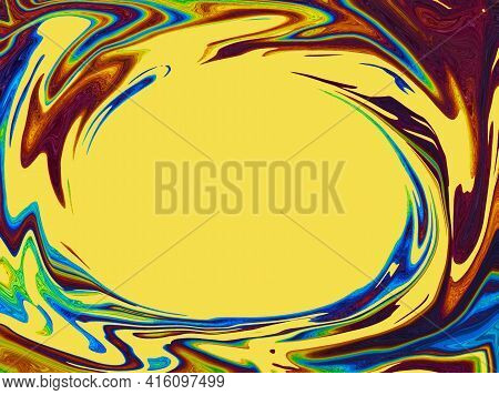 Abstract Colorful Rainbow Fluid Texture Frame Background. Bright Illuminating Yellow Circle. Color G
