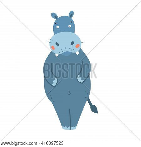 Hippo Flat Style Vector. Wild Herbivorous Animal. African Fauna Species. Violet Hippopotamus Cartoon