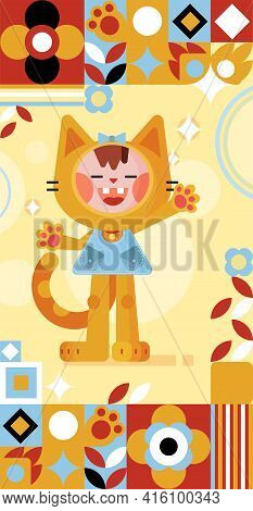 Cheerful Little Kitten Girl Smiling. Cartoon Color Vectron Illustration With Character And Ornament